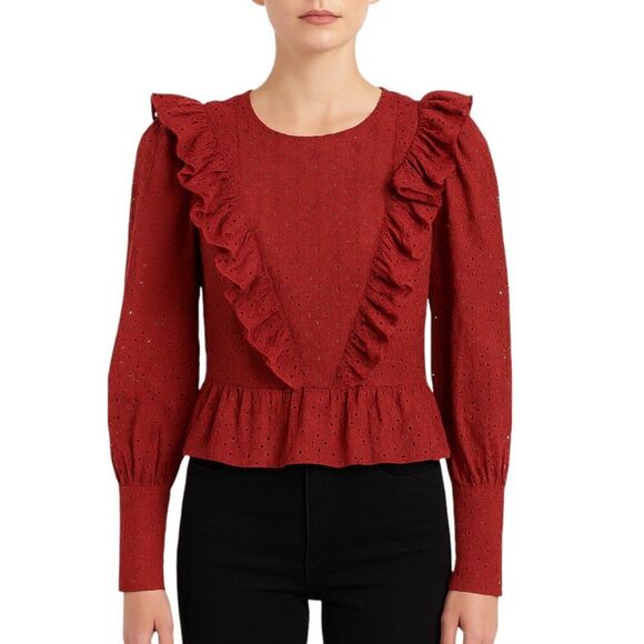 Robert Rodriguez Size 2 Designer Red Top Embroidered Eyelets Ruffles BOHO - Picture 1 of 16